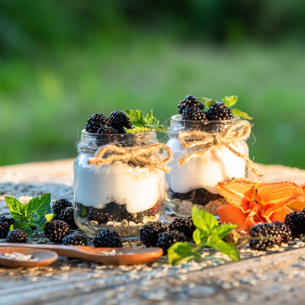 Ягоды ежевики в банках с йогуртом 