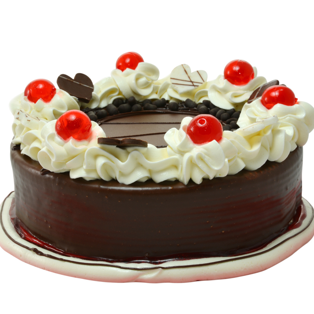 Торт в шоколаде украшен сливками на белом фоне