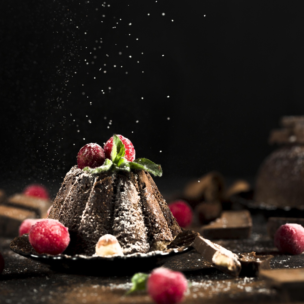 Шоколадный десерт на столе с ягодами клюквы 