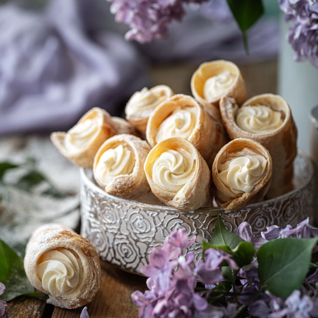 Трубочки с кремом на столе с цветами сирени
