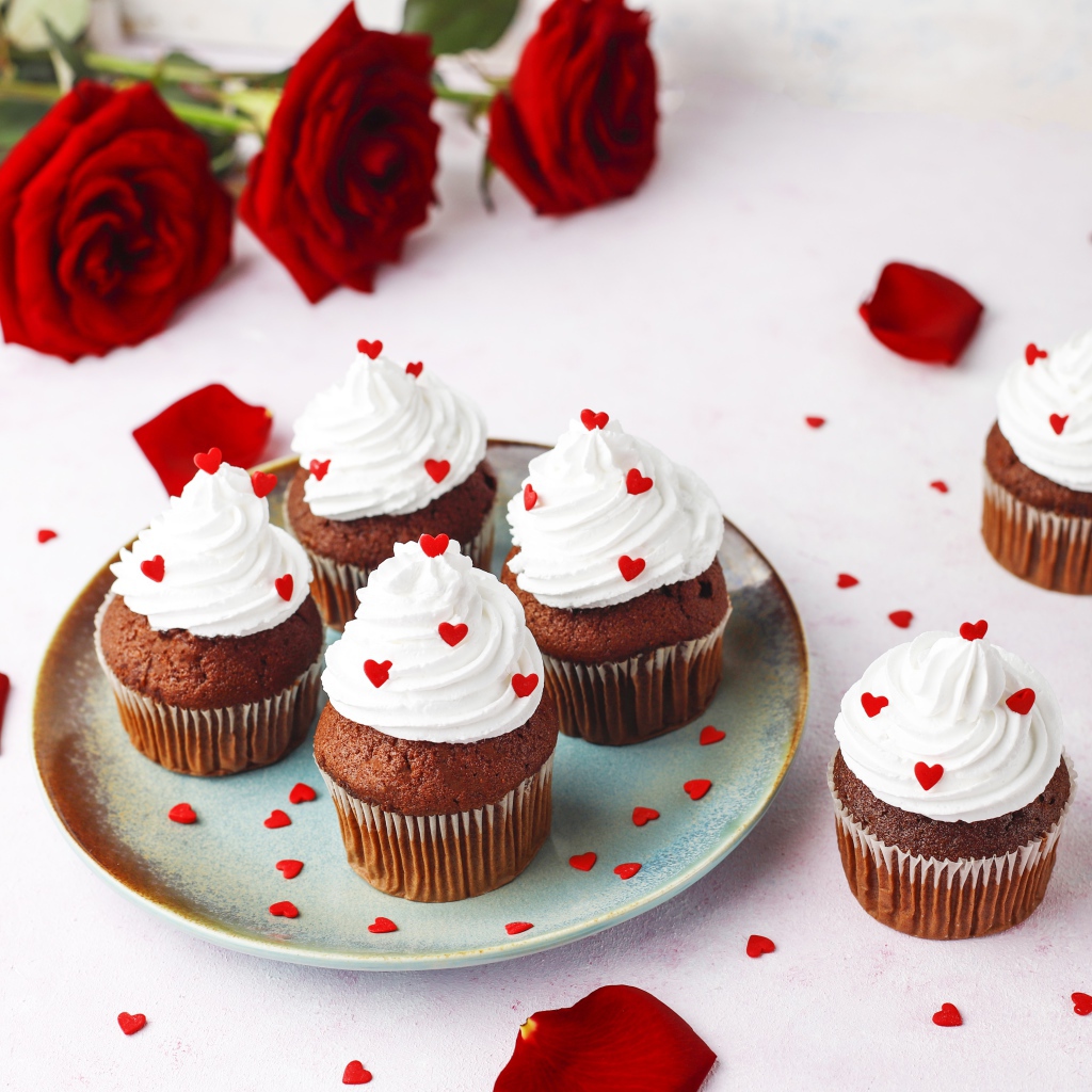 Кексы с кремом на столе с букетом роз 