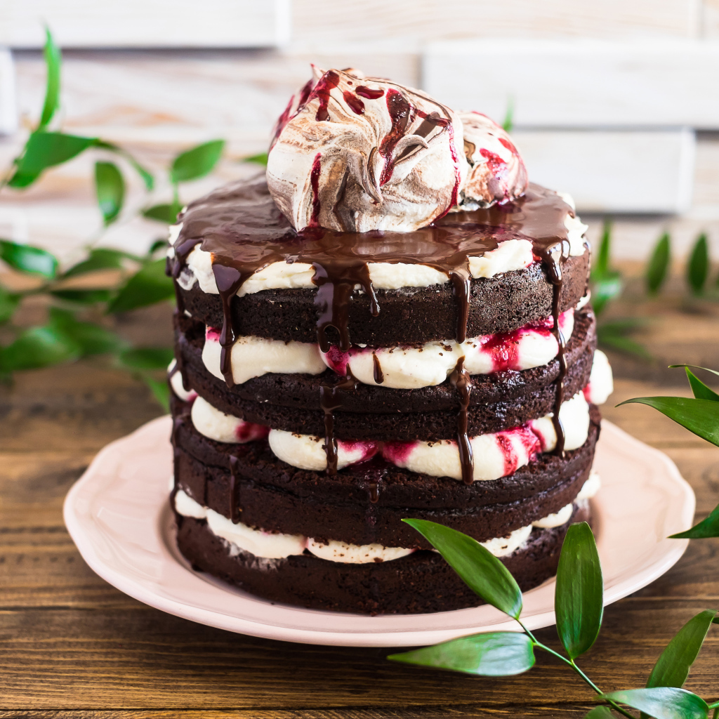 Вкусный шоколадный торт с кремом на столе 