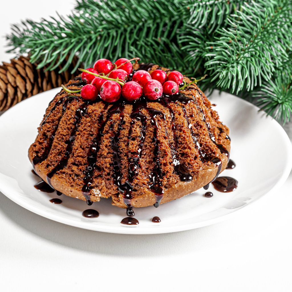 Вкусный кекс с шоколадом и красной смородиной на столе с еловой веткой и шишками