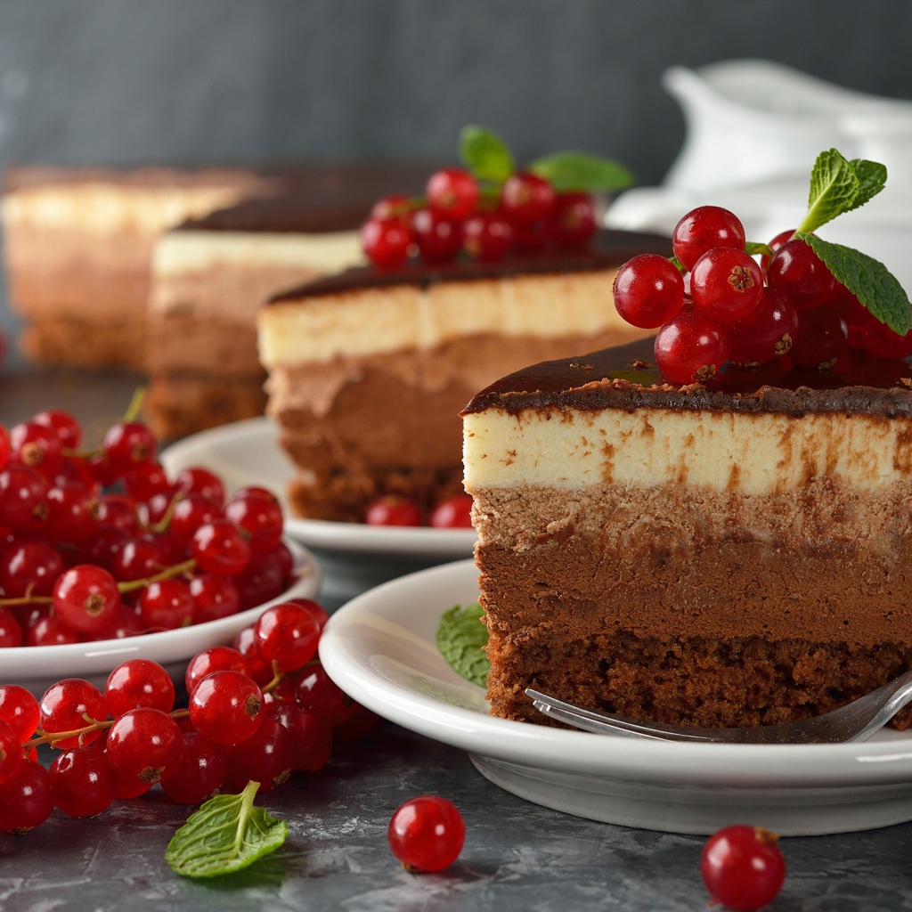 Кусок торта Три шоколада с ягодами красной смородины