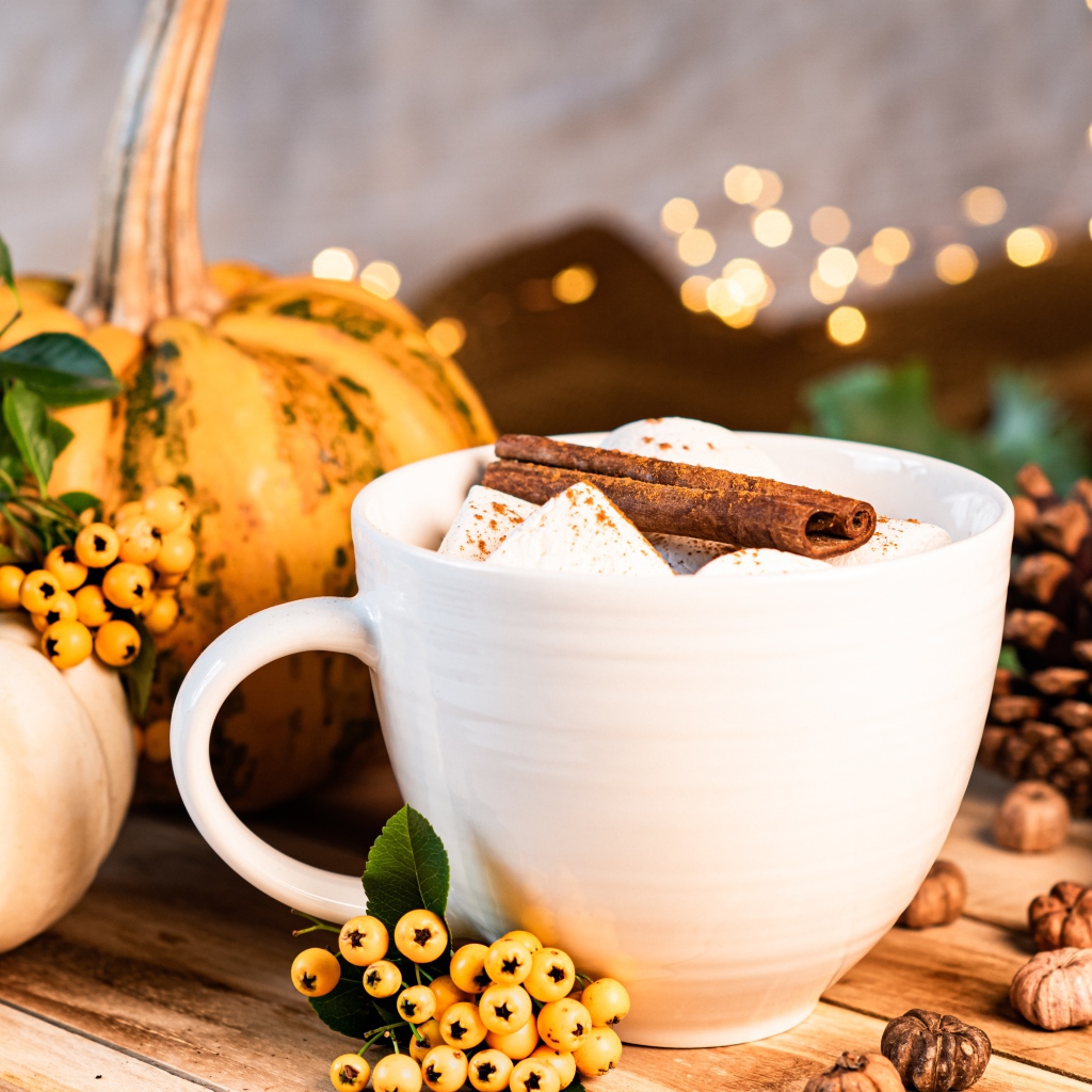 Чашка горячего маршмеллоу с корицей на столе с тыквой и шишками