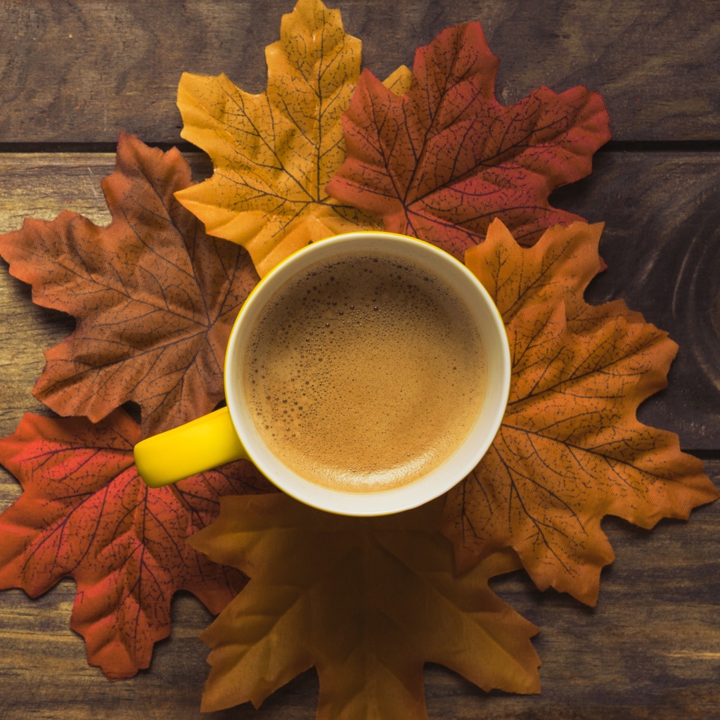 Чашка горячего кофе стоит на осенних листьях 