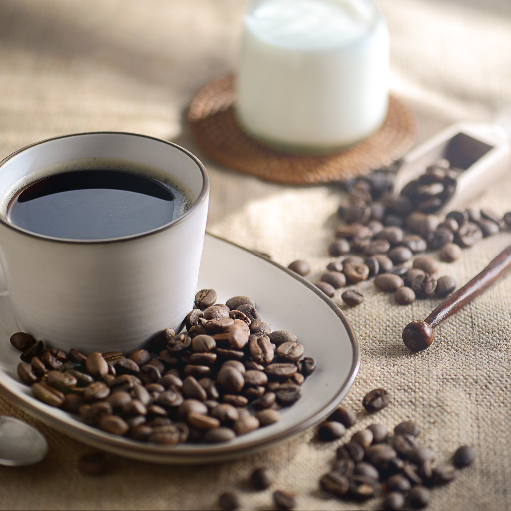 Чашка крепкого кофе на столе с зернами