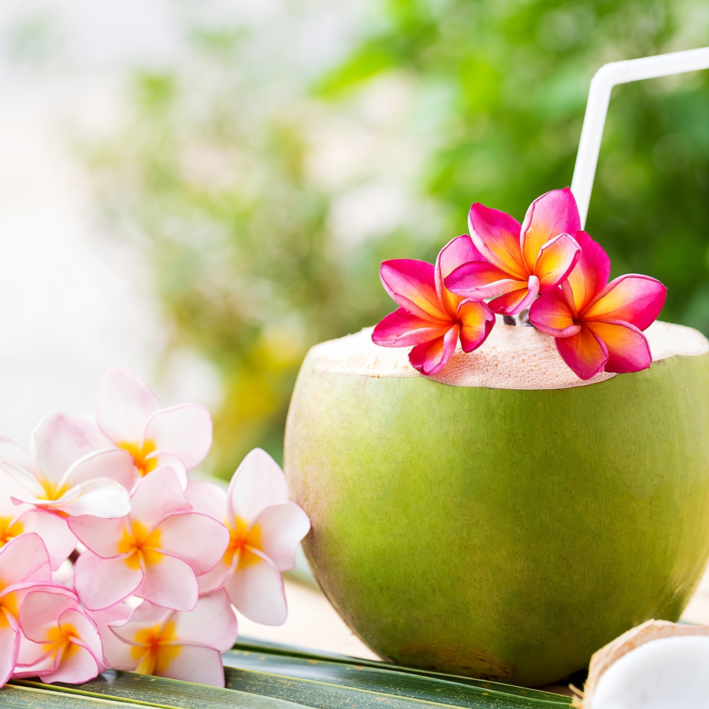 Коктейль в кокосе с цветами плюмерии 