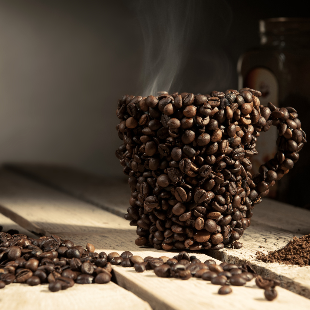 Чашка сделана из кофейных зерен на столе