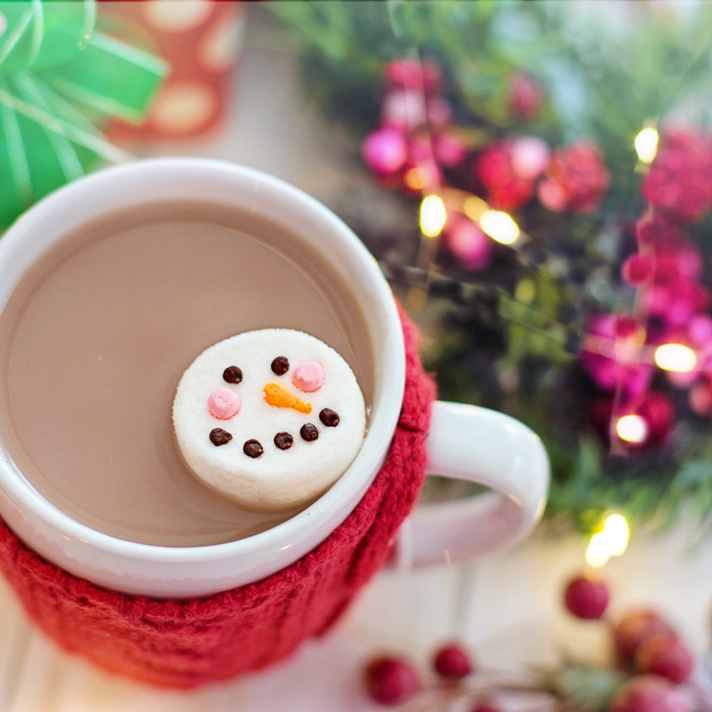 Горячий шоколад с маршмеллоу с лицом снеговика
