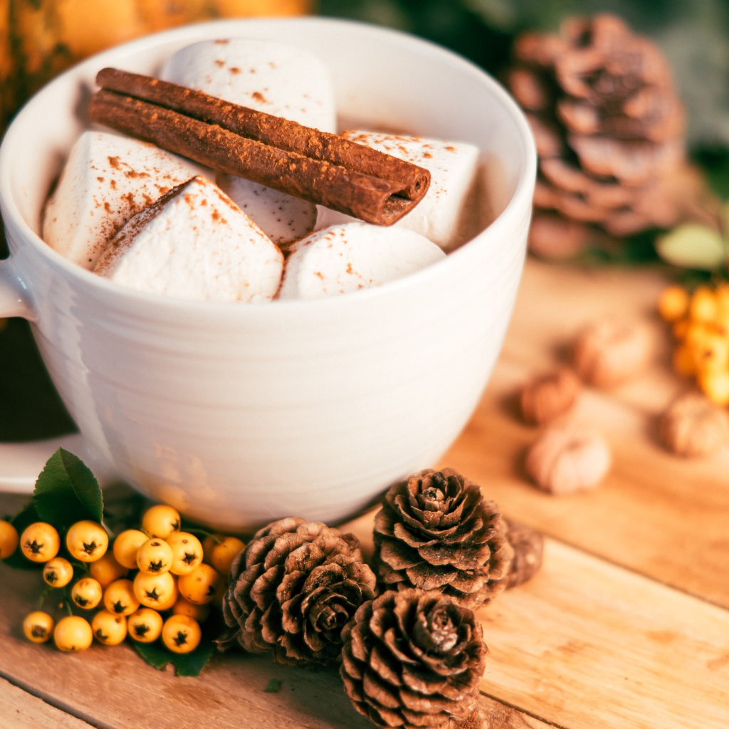 Маршмеллоу в чашке с корицей на столе с шишками и гроздьями рябины