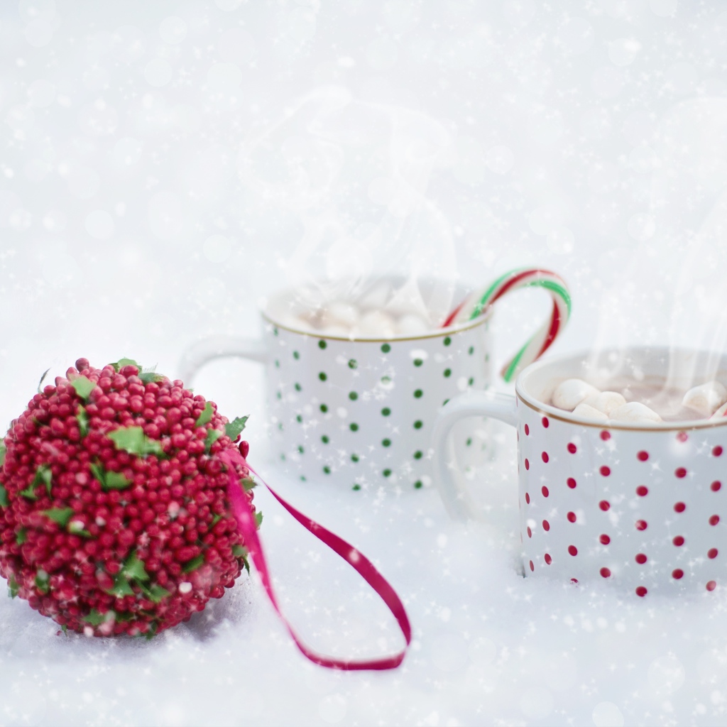 Две чашки горячего какао с маршмеллоу на снегу 