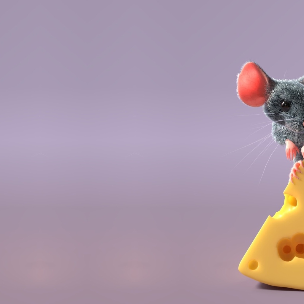 Маленький серый мышонок на кусочке сыра 