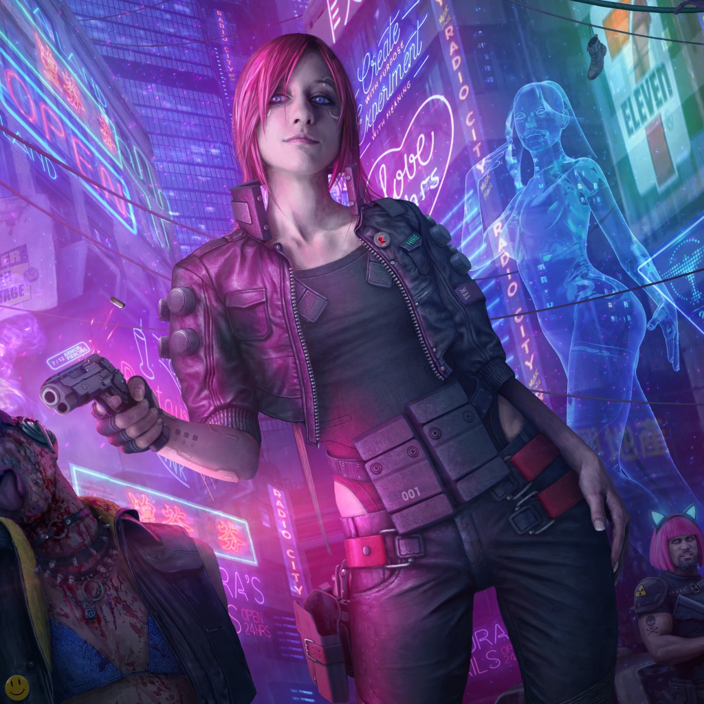 Девушка с оружием персонаж видео игры  Cyberpunk 2077