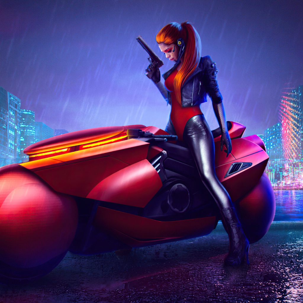 Девушка на фантастическом мотоцикле из видеоигры Cyberpunk