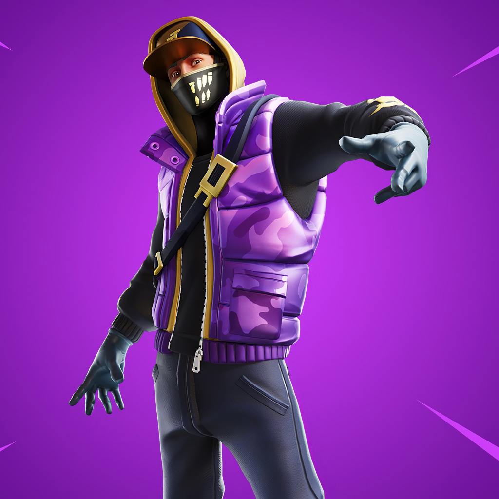 Masked guy character on Fortnite computer game on lilac background