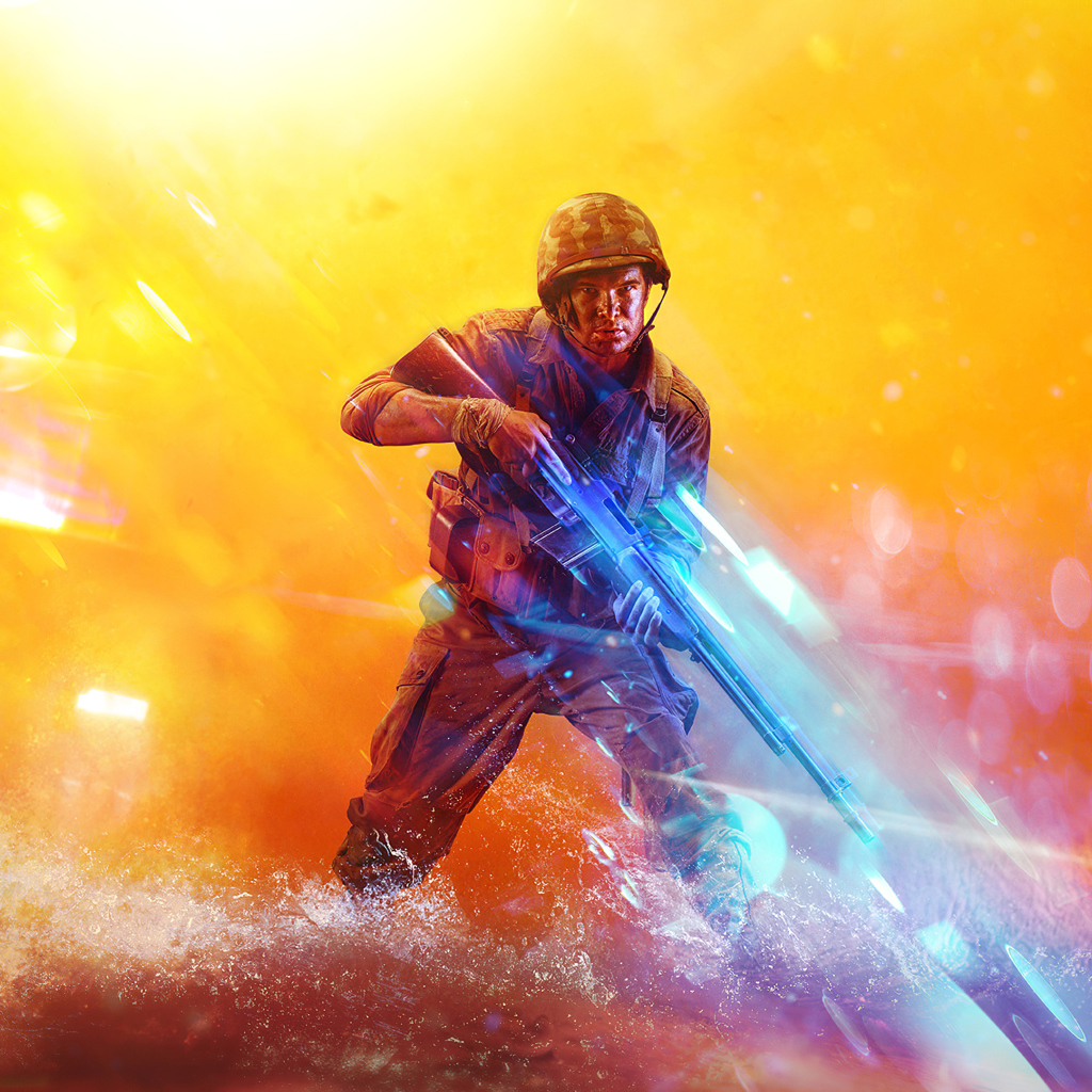 Солдат с оружием из компьютерной игры Battlefield 5