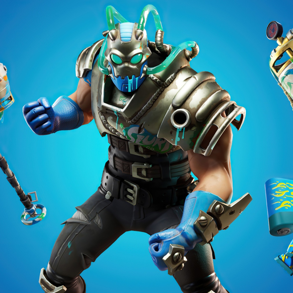 Warrior chooses weapons in Fortnite game on blue background