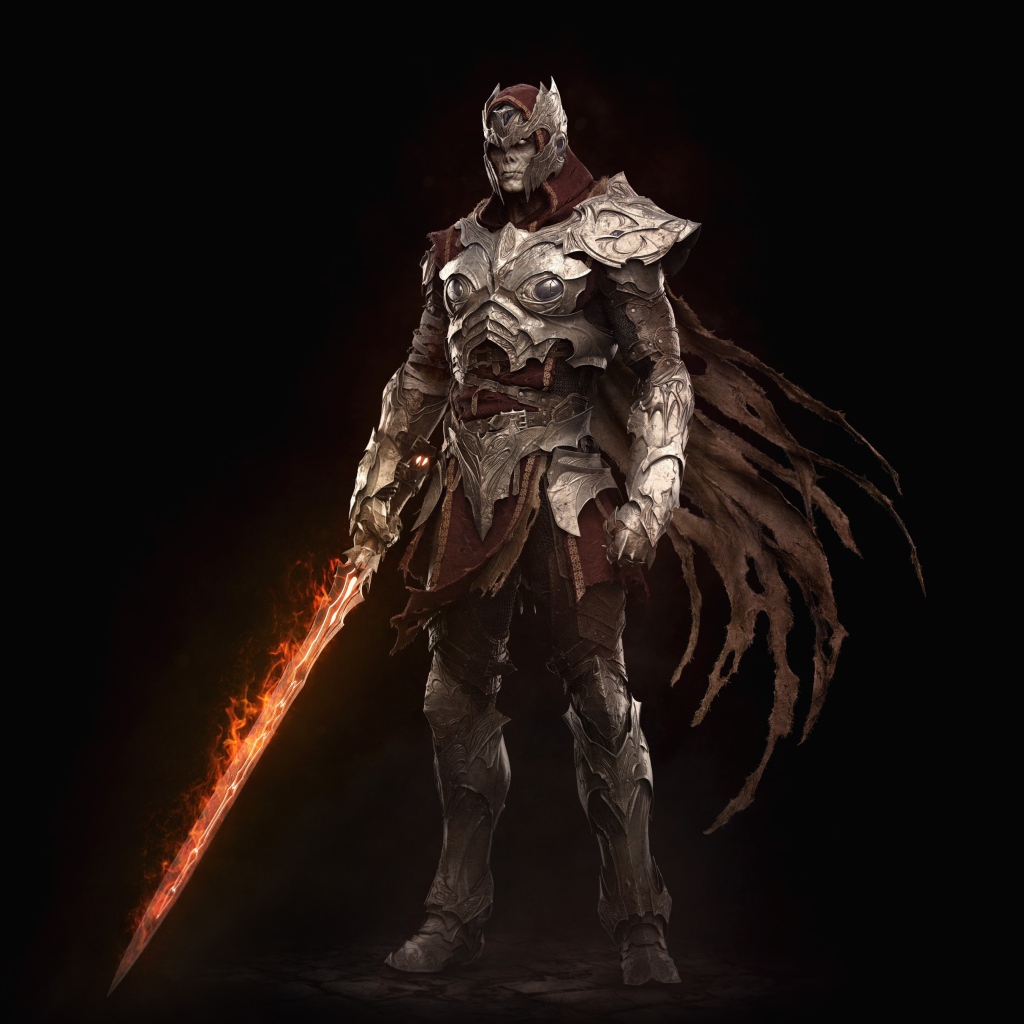 Воин в железных доспехах с огненным мечом в руке