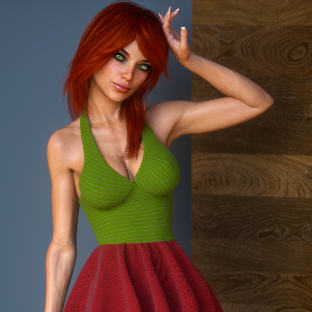 Рыжеволосая 3д девушка у стены