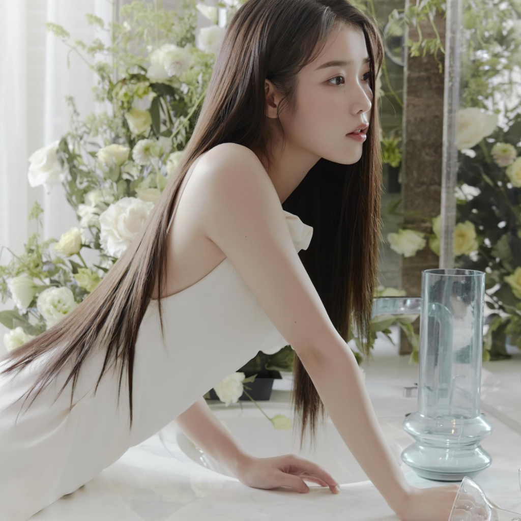 Красивая девушка азиатка в белом платье стоит у зеркала