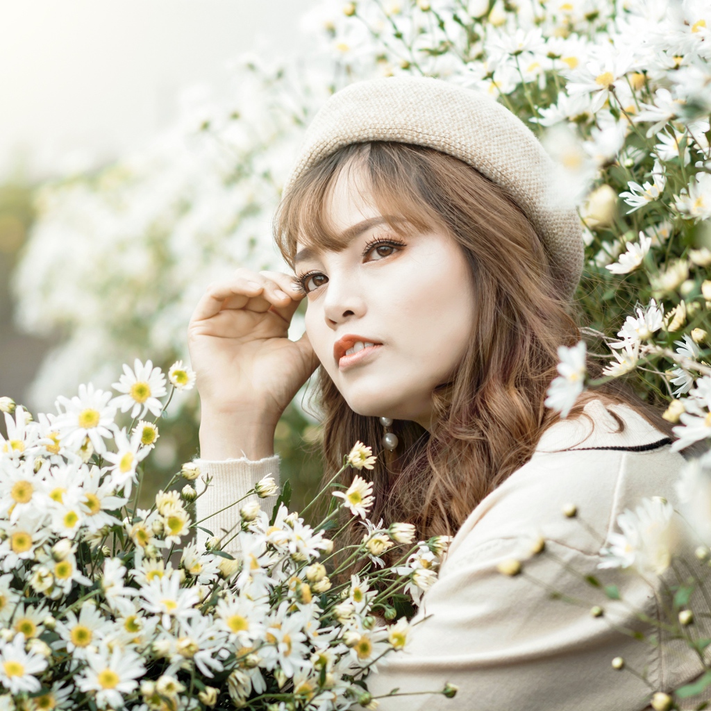 Девушка азиатка сидит в белых цветах ромашки 