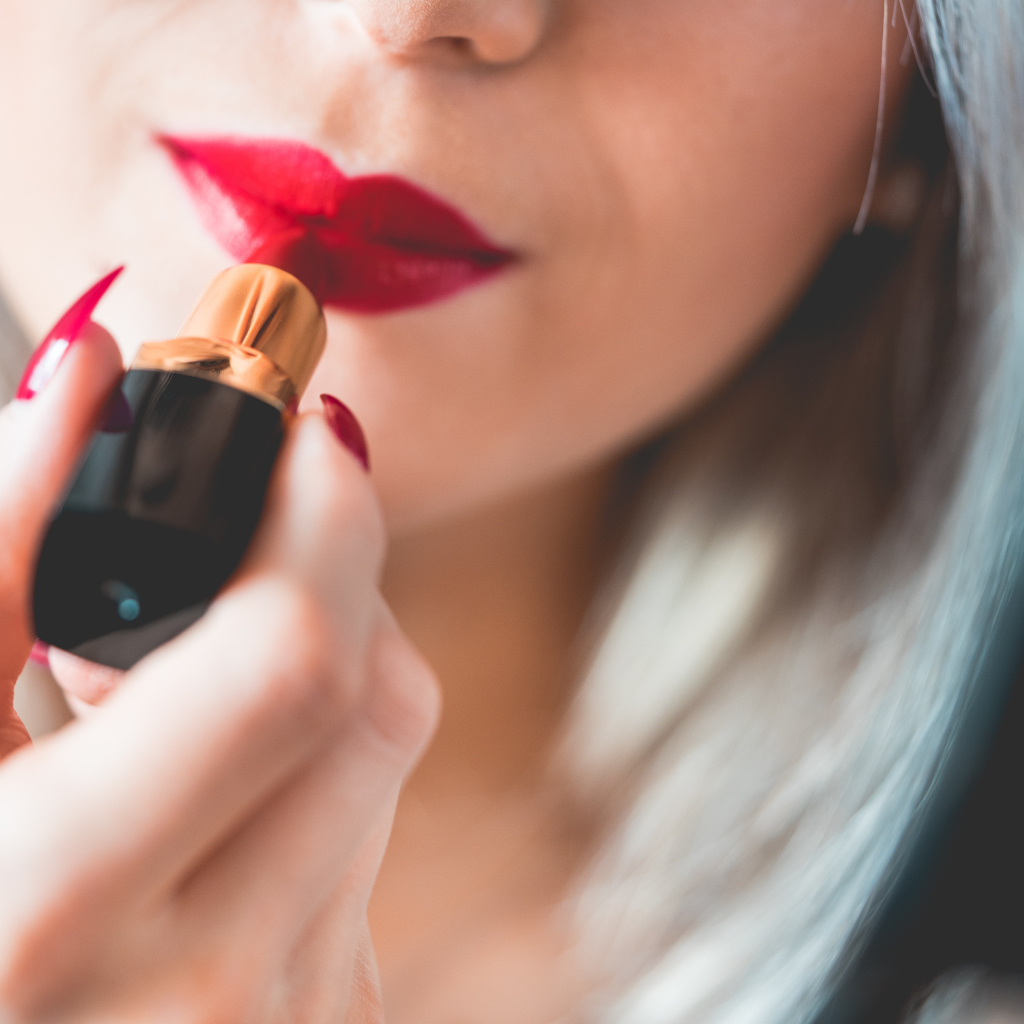 Красивая девушка красит губы красной помадой 