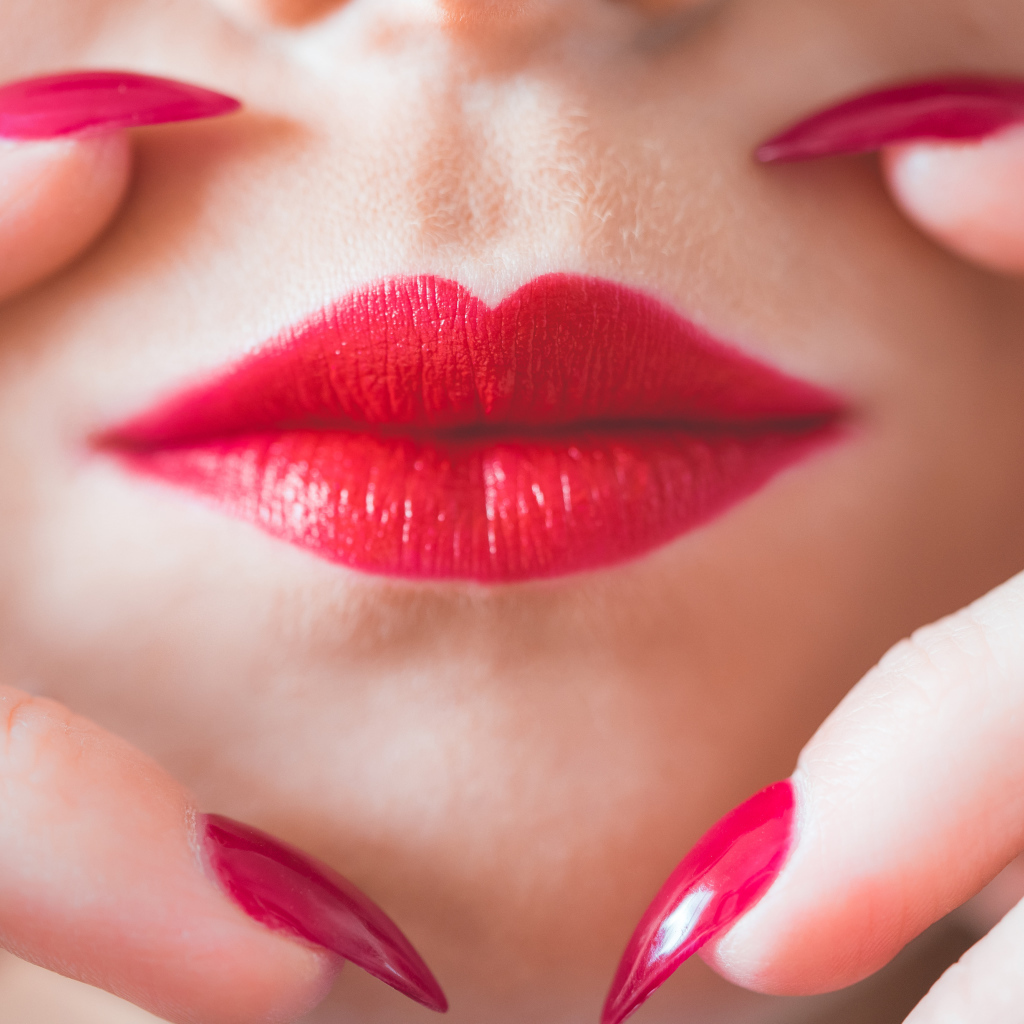 Руки с длинными красными ногтями у губ