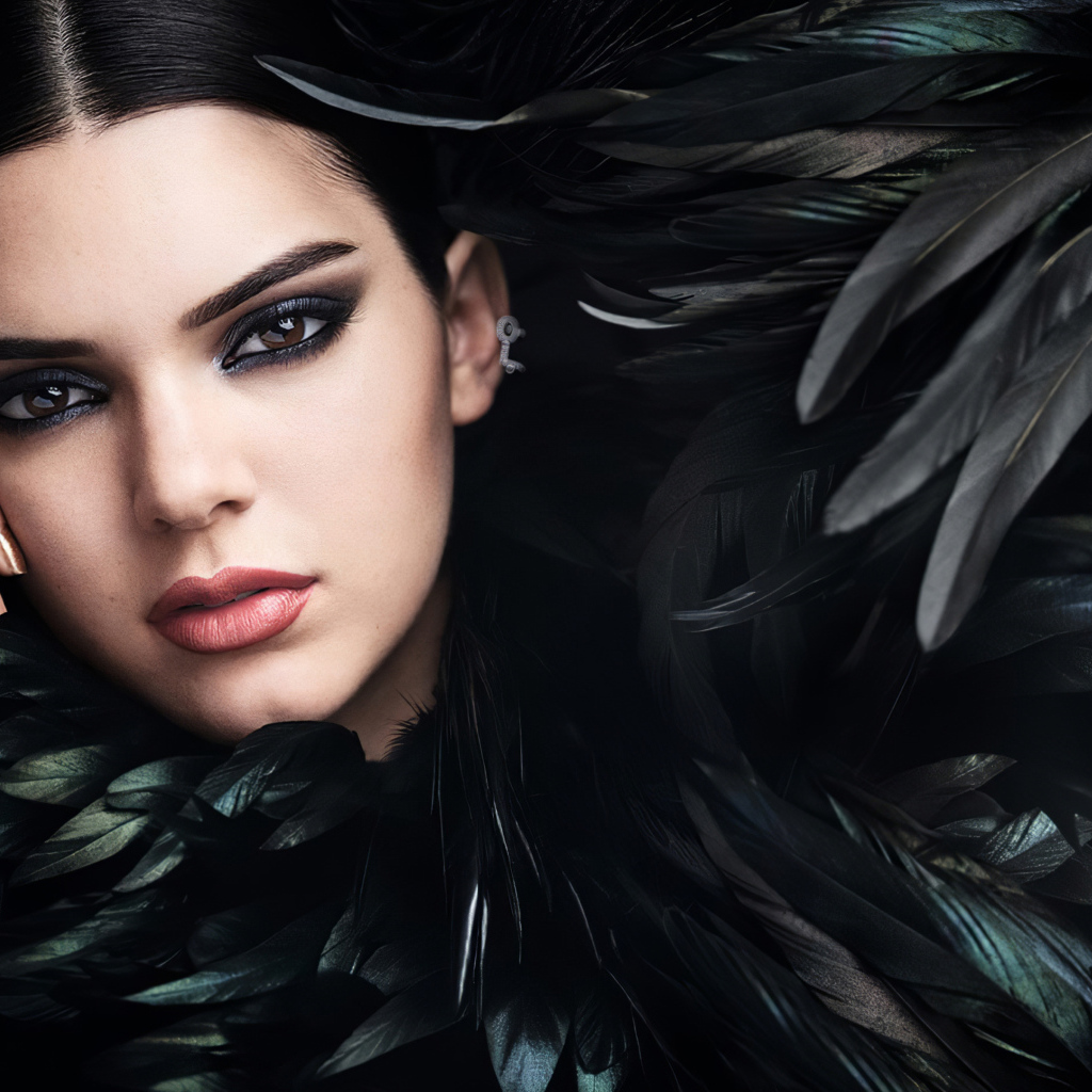 American model Kendall Jenner in black feathers