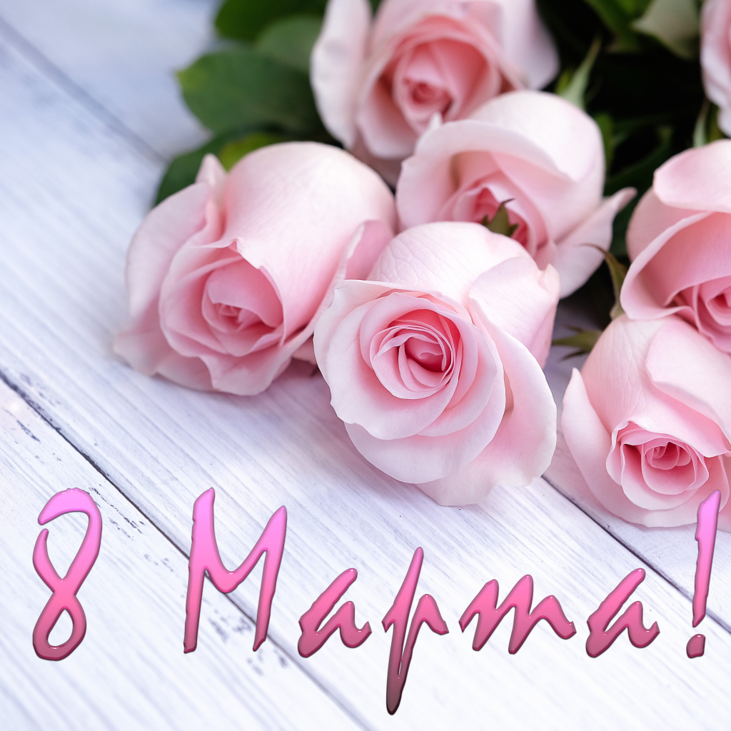 Открытка С 8 марта с букетом розовых роз 