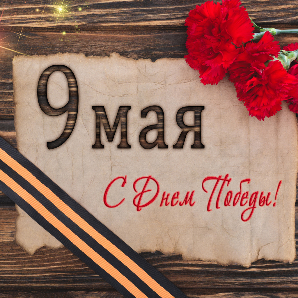 Открытка с гвоздиками и георгиевской лентой на День Победы 9 мая