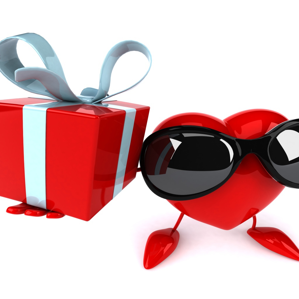 Сердце в черных очках с подарком на белом фоне на 14 февраля