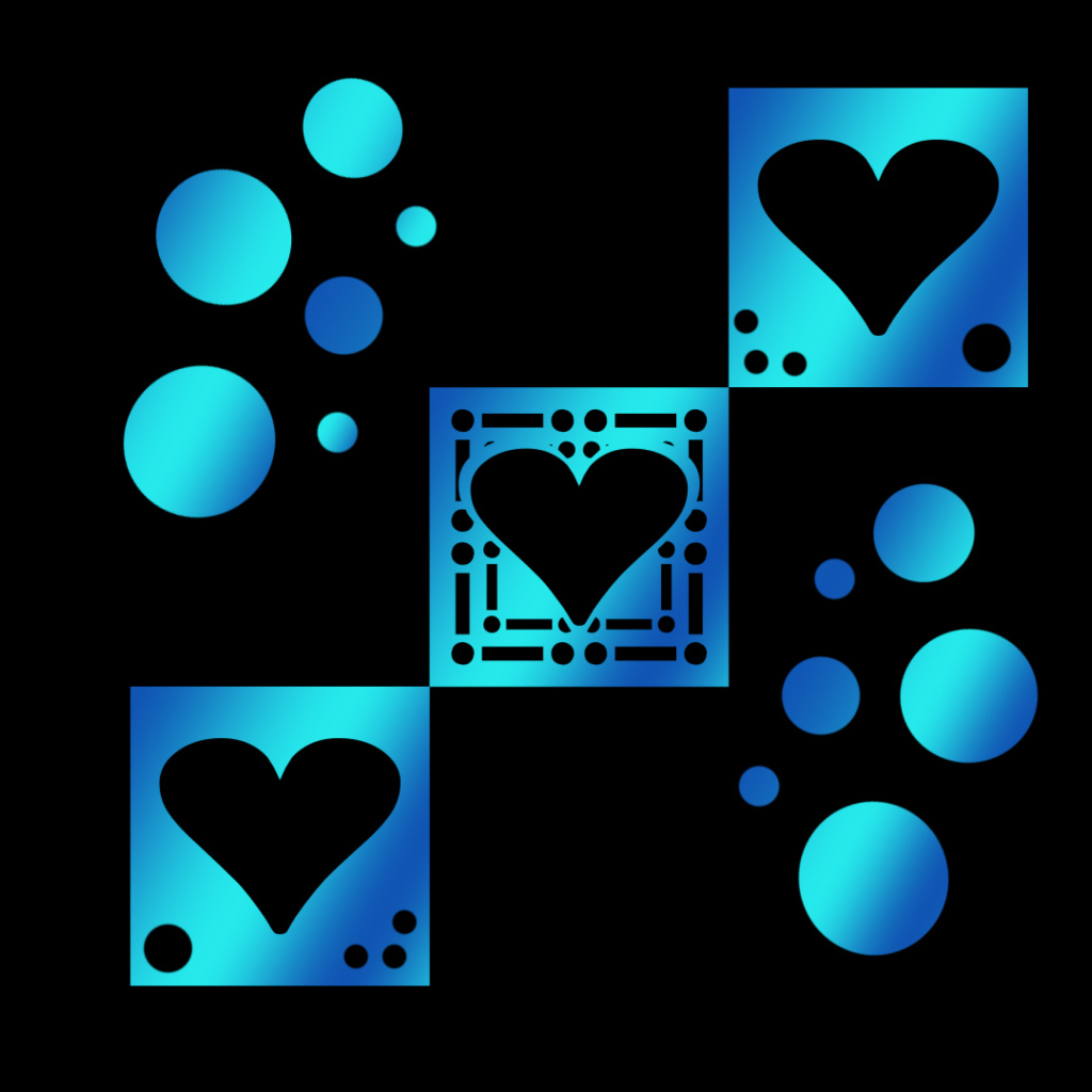 Голубые квадраты с сердечками на черном фоне