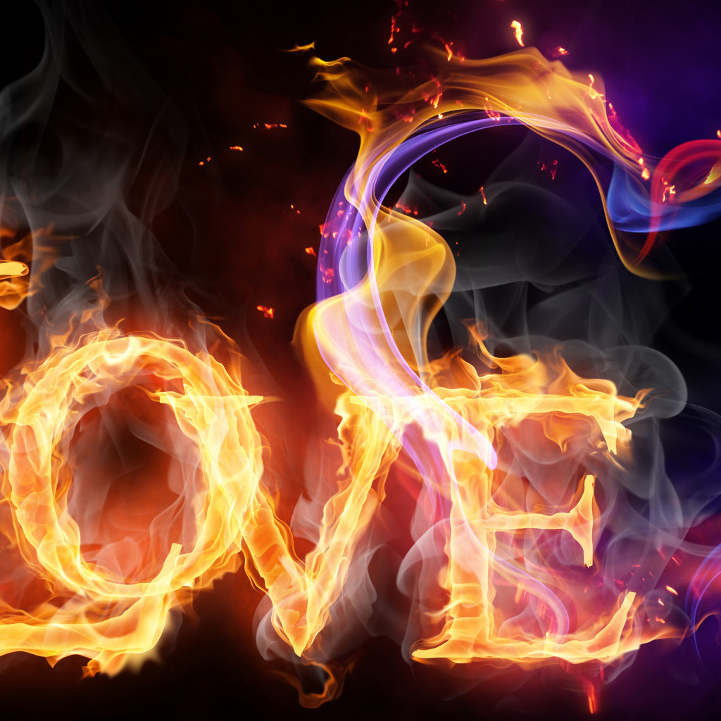 Огненное сердце и надпись любовь на черном фоне