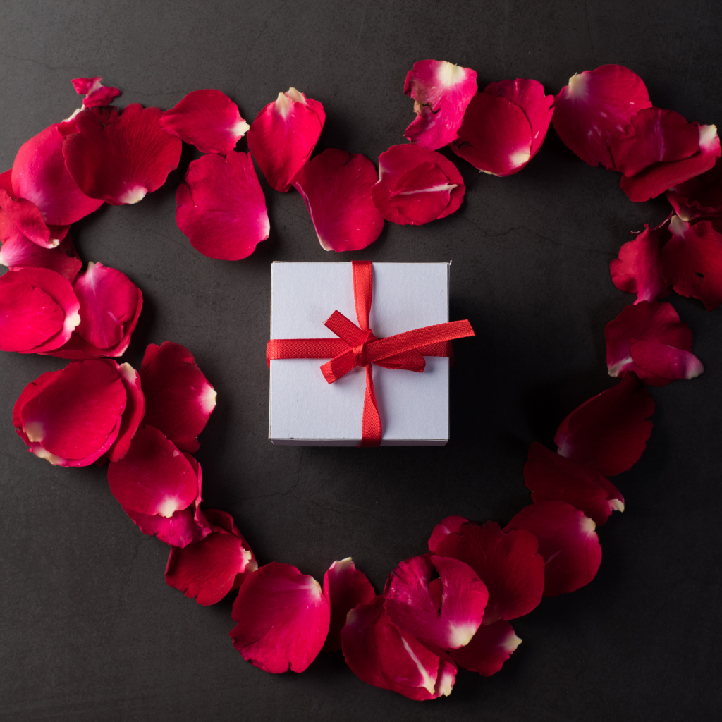 Сердце из красных лепестков розы с подарком на сером фоне