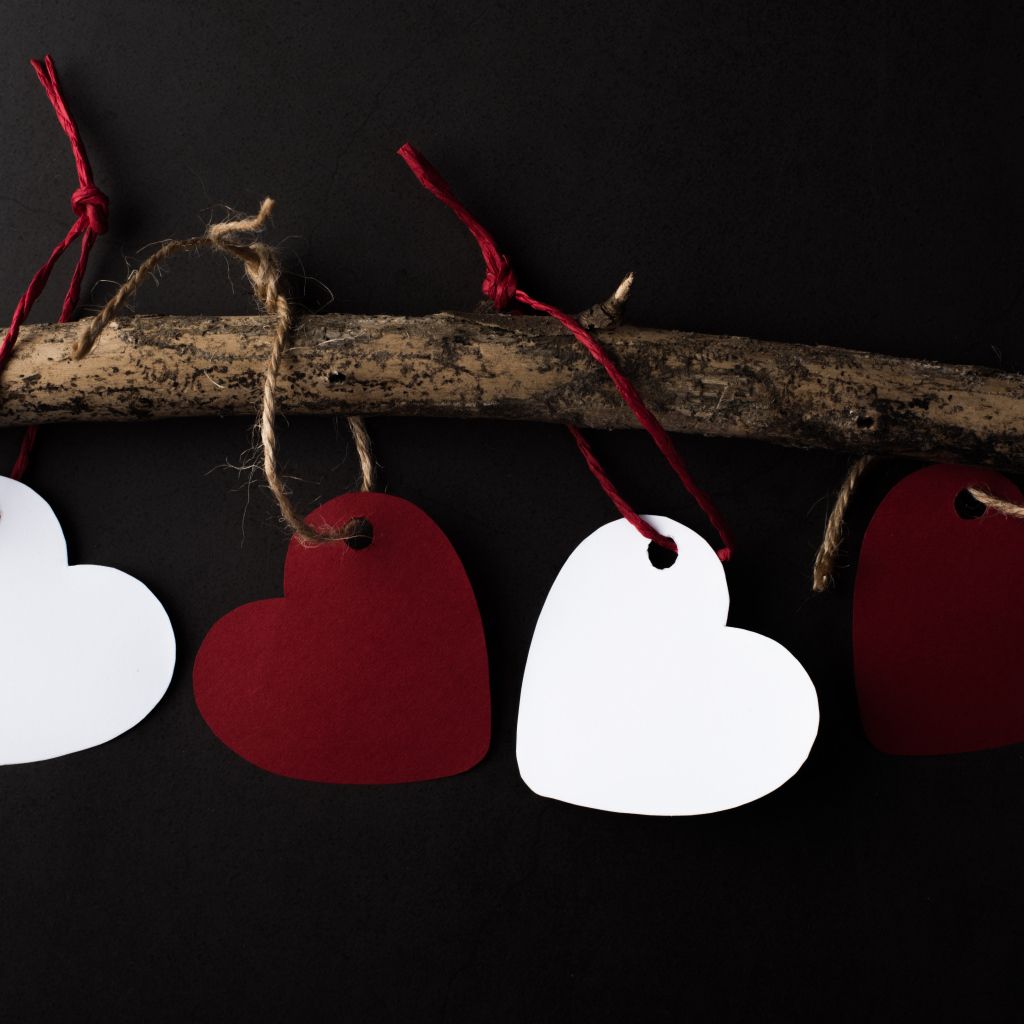 Бумажные сердечки на ветке на черном фоне