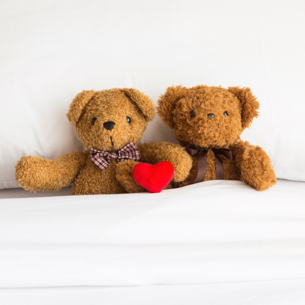 Два медвежонка Тедди лежат на кровати под одеялом 