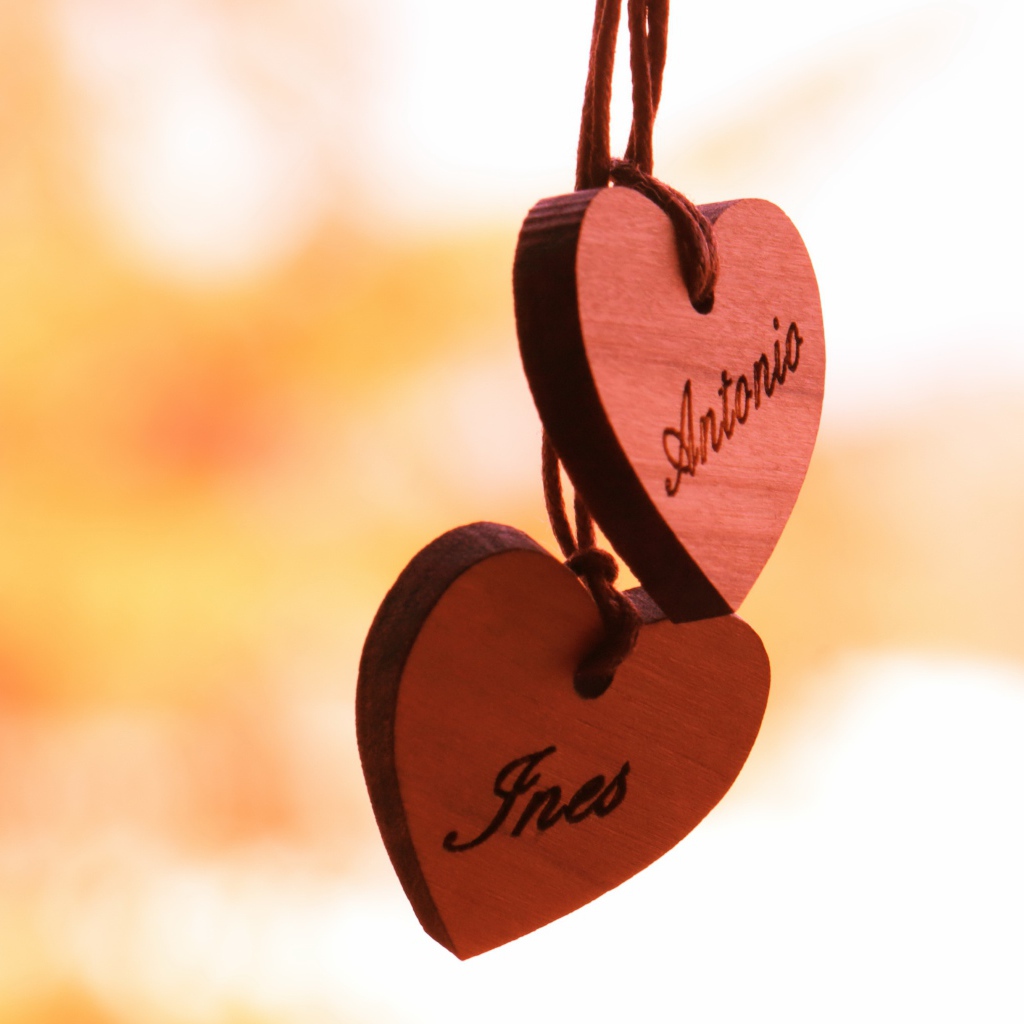 Два деревянных сердца на веревке  