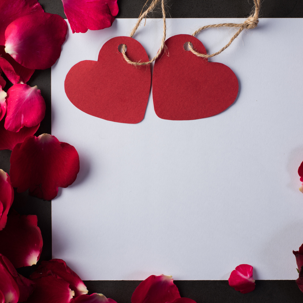 Белый лист бумаги с сердечками и лепестками роз 