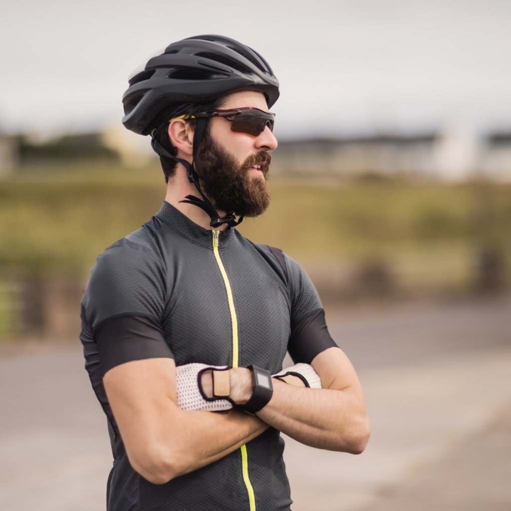 Male cyclist in black helmet