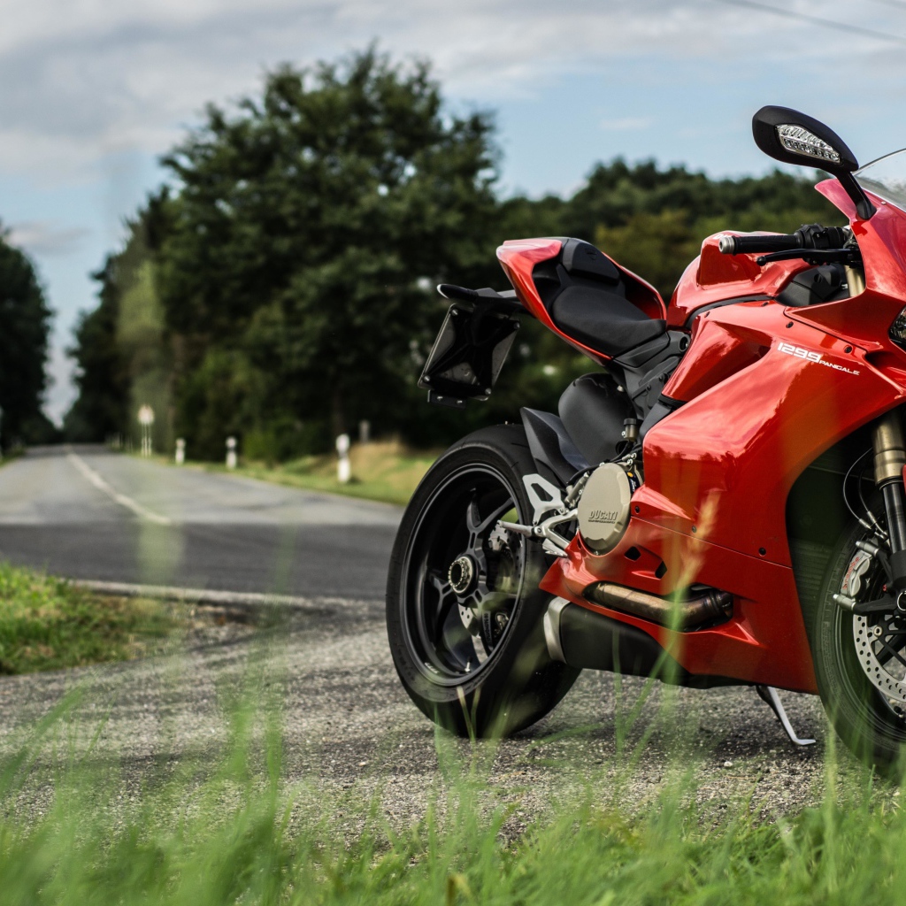 Красны мотоцикл Ducati 1299 Panigale на трассе 