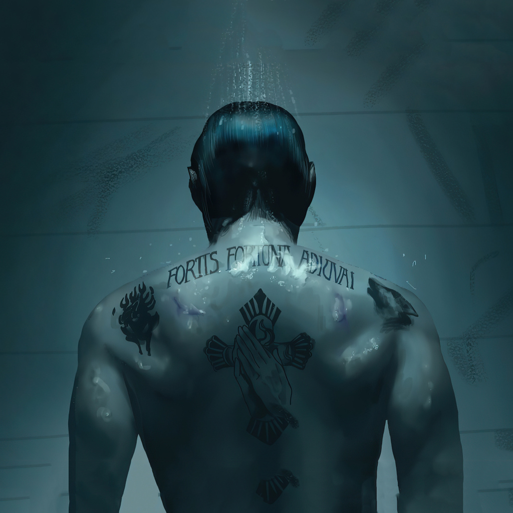 Movie character John Wick with tattoos on his back