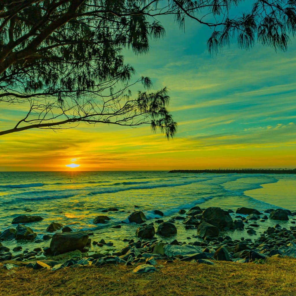 Красивый вид на морской берег с камнями на закате