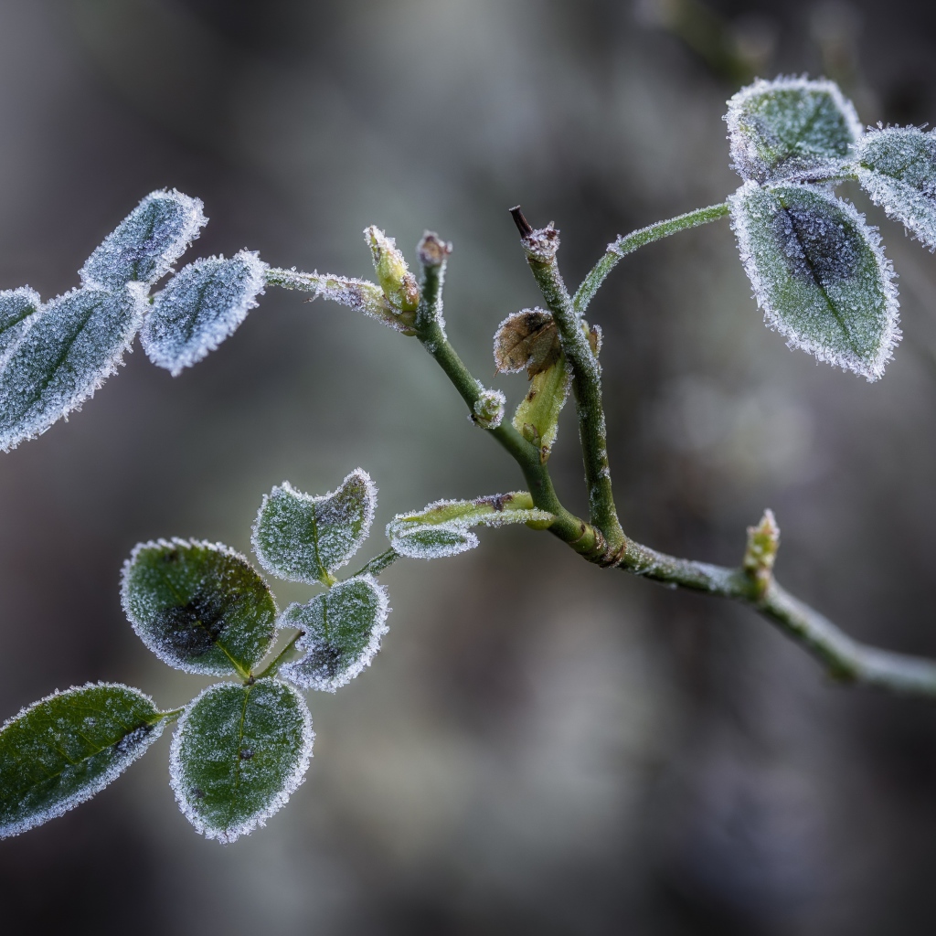 Покрытые инеем зеленые листья розы 