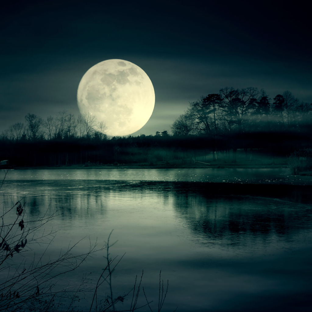 Huge white moon over the lake at night