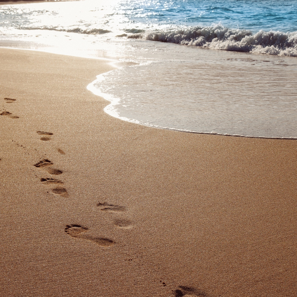 Следы ног на мокром морском песке 