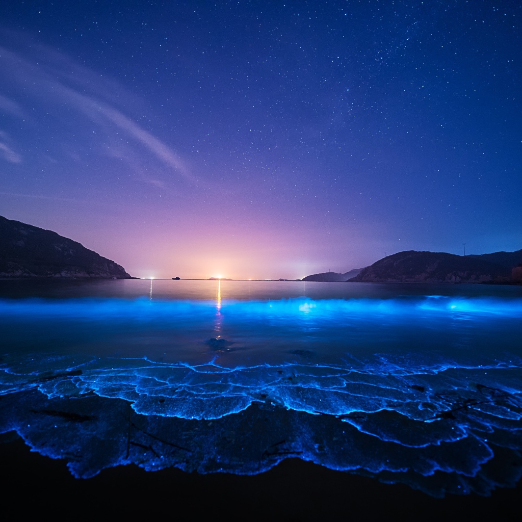 Люминесцентный пляж на Мальдивах на закате 