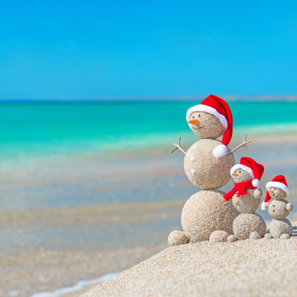 Снеговики из песка на берегу океана 