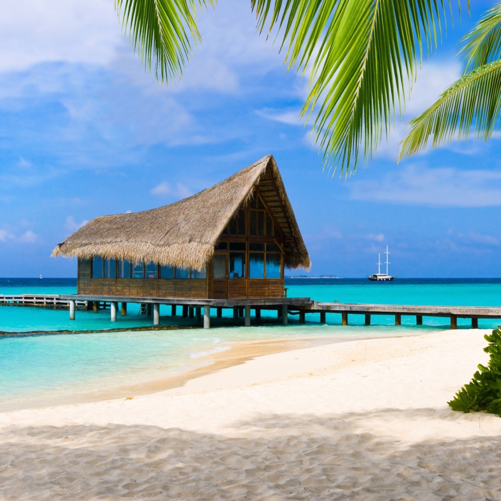 Дом на сваях на берегу тропического пляжа с белым песком