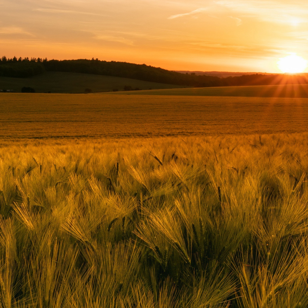 Зеленые колосья пшеницы в лучах яркого солнца 